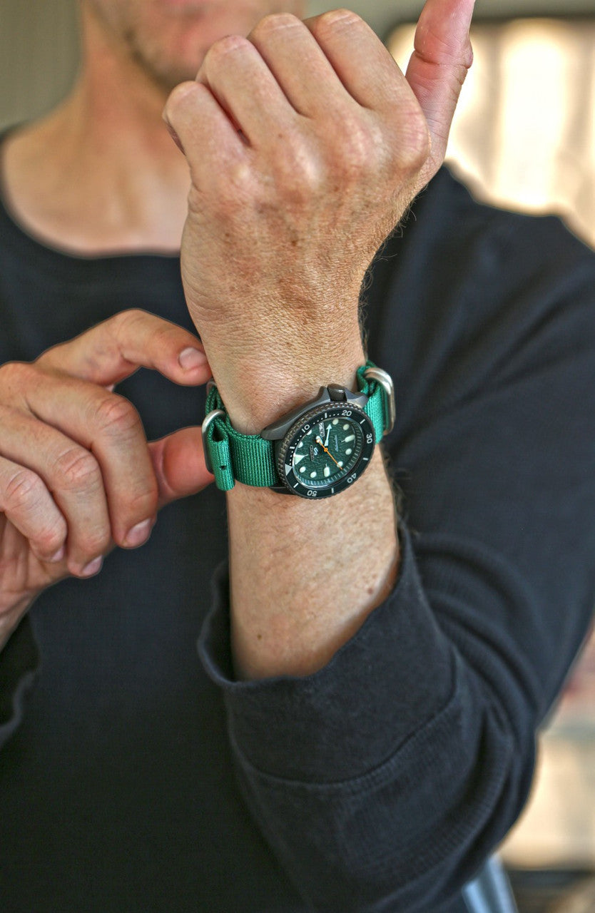 Green Ballistic Nylon Military Watch Strap With A Matte Silver Buckle By DaLuca Straps.