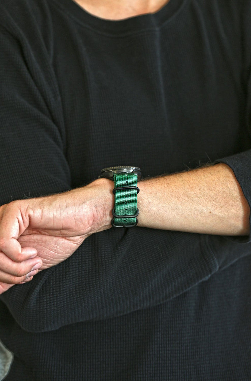 Green Ballistic Nylon Military Watch Strap With A PVD Buckle By DaLuca Straps.