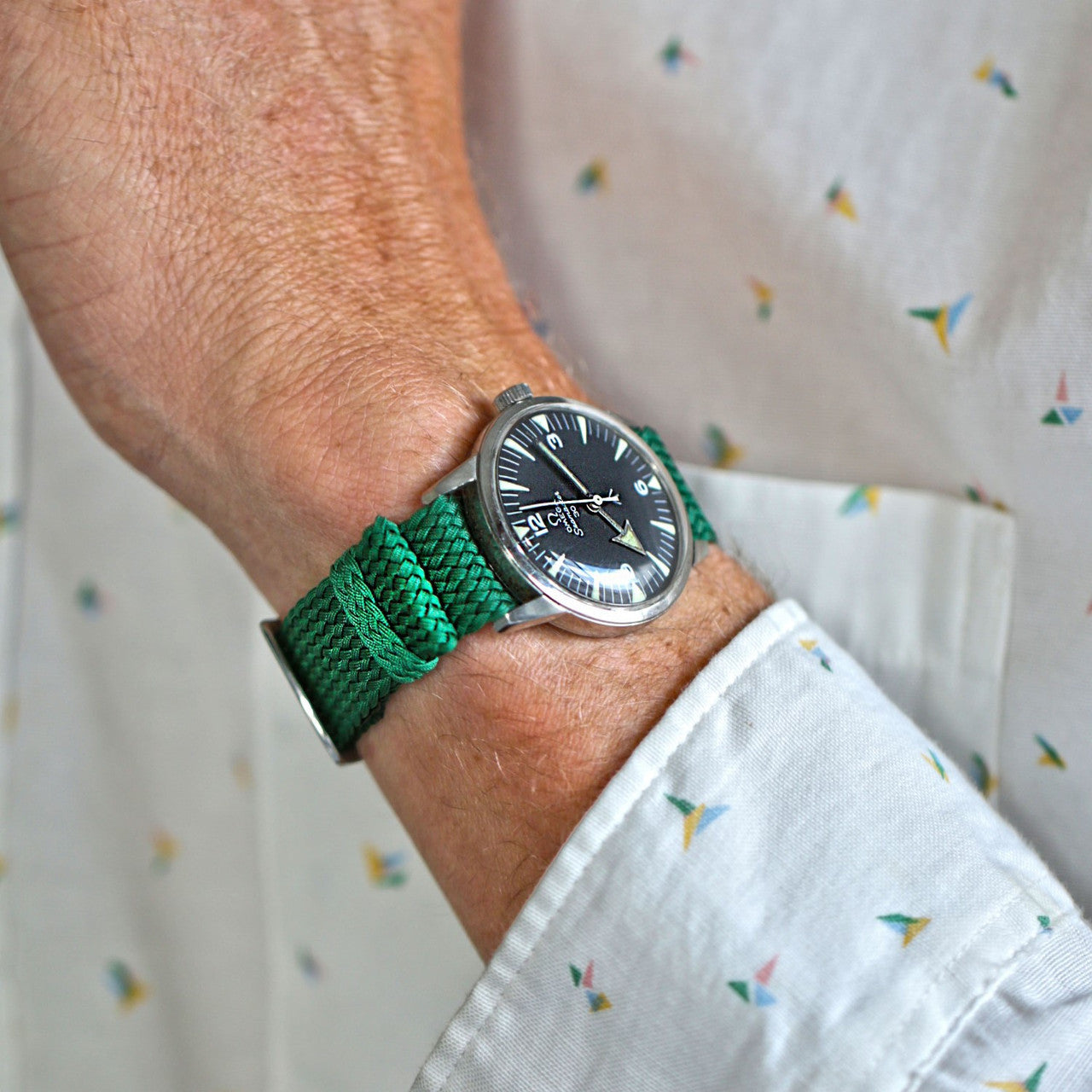 Braided Nylon Perlon Watch Strap Green Polished Buckle Main By DaLuca Straps.