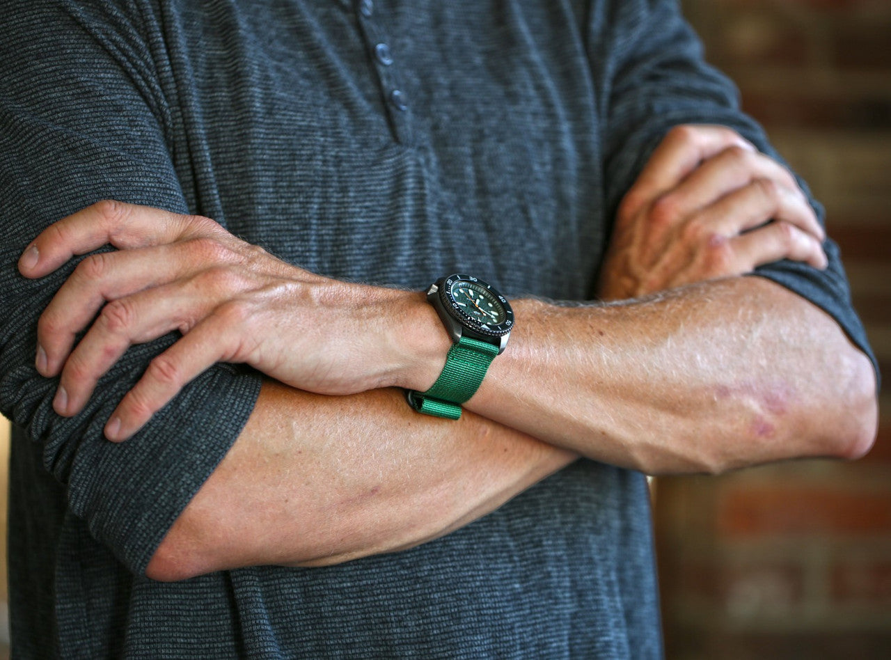 Two Piece Ballistic Nylon Watch Strap Green PVD By DaLuca Straps.