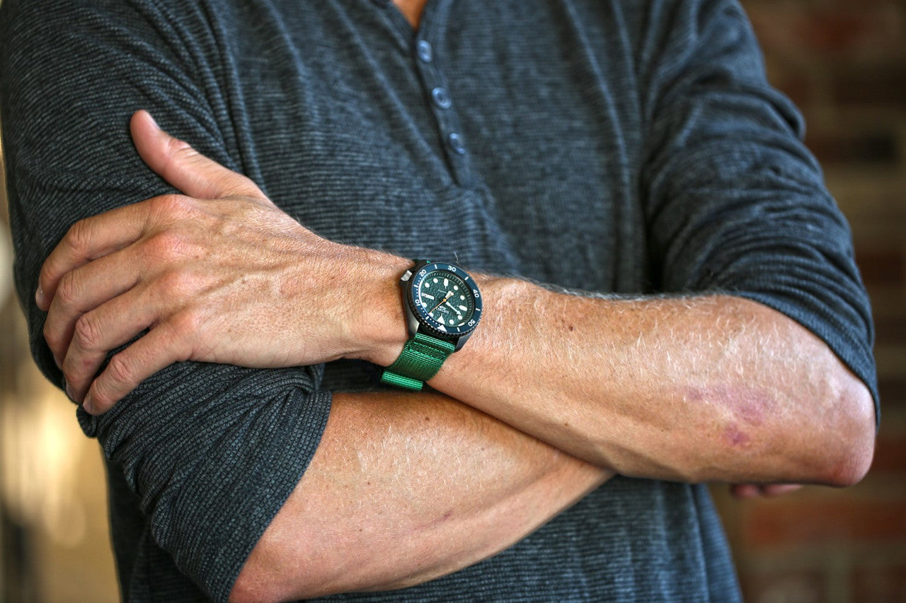 Two Piece Ballistic Nylon Watch Strap Green PVD By DaLuca Straps.