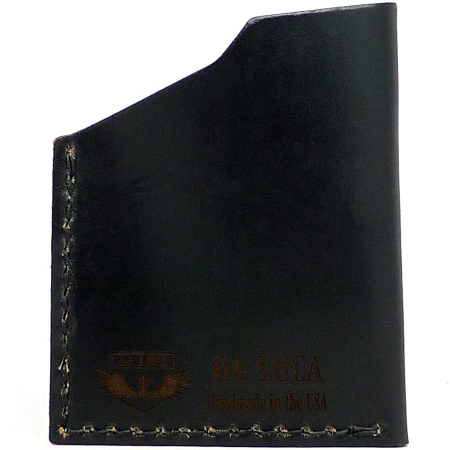 Back Side Of An Angle Wallet Made From Genuine Horween Black Chromexcel Leather by DaLuca Straps.