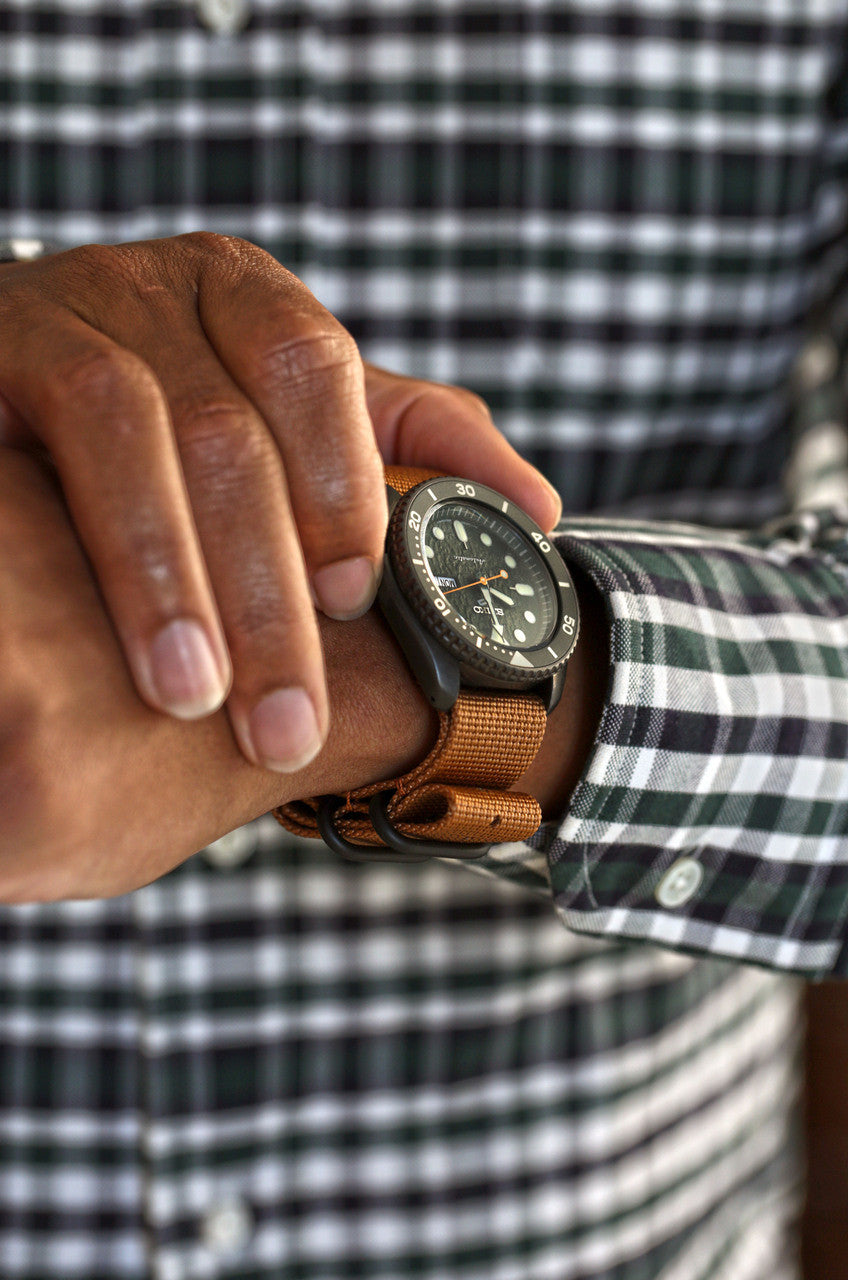 Light Brown Ballistic Nylon Military Watch Strap With A PVD Buckle By DaLuca Straps.