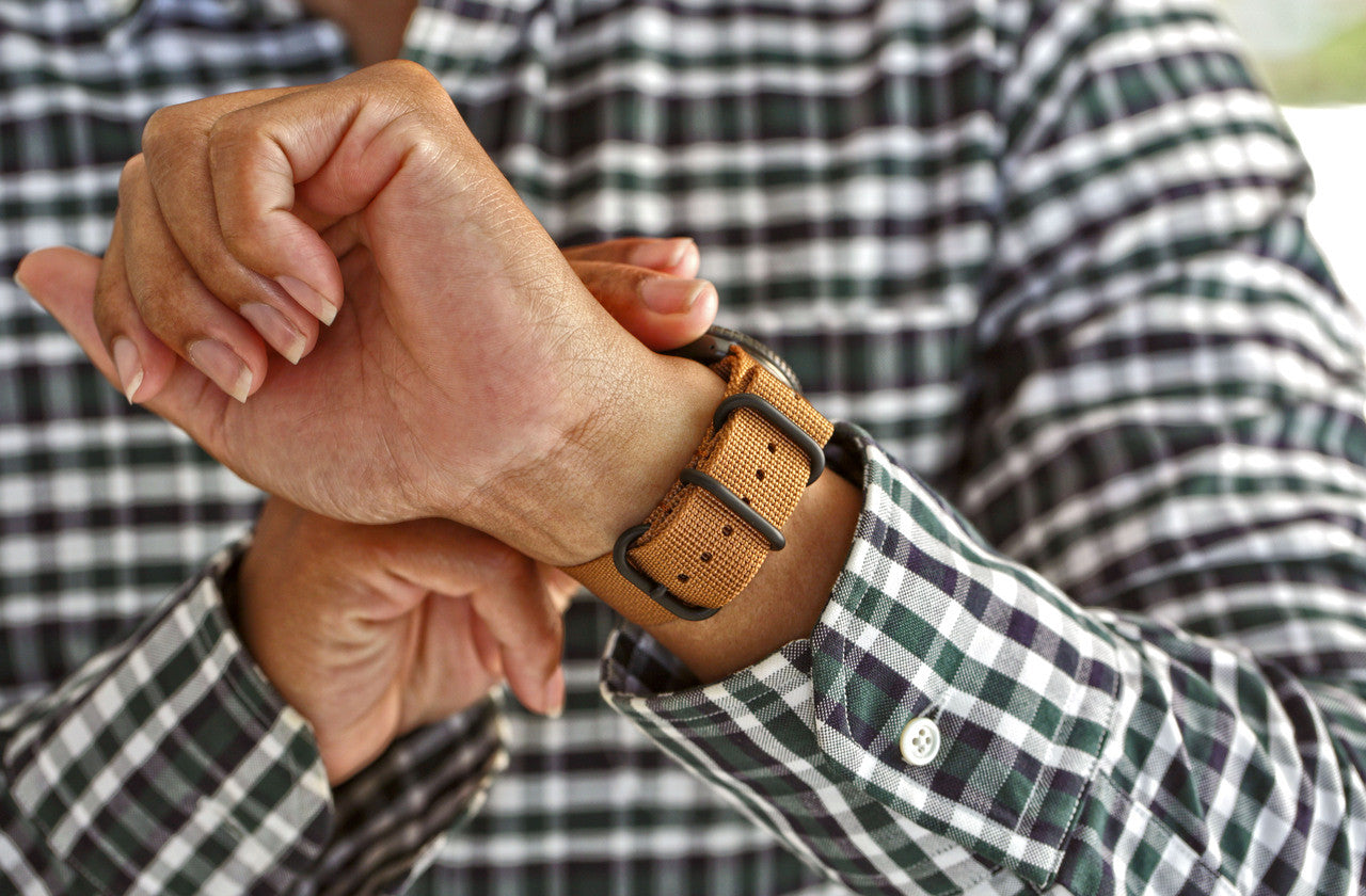 Light Brown Ballistic Nylon Military Watch Strap With A PVD Buckle By DaLuca Straps.