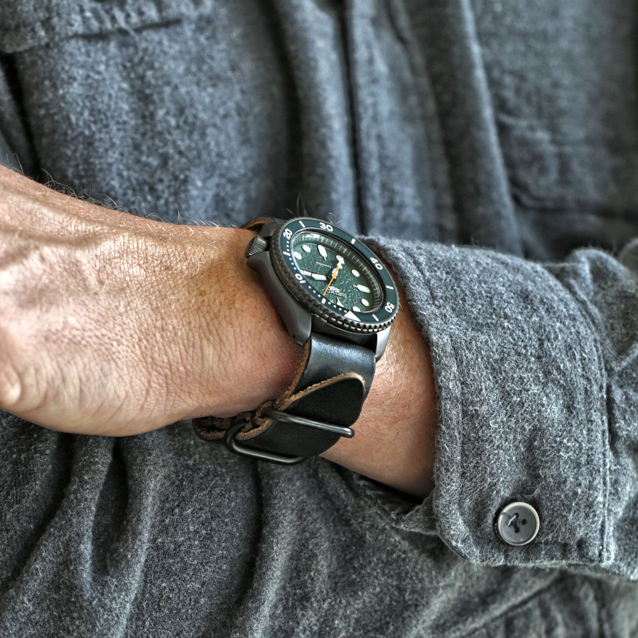 Military Single Piece Watch Strap Black Chromexcel PVD Lifestyle By DaLuca Straps.