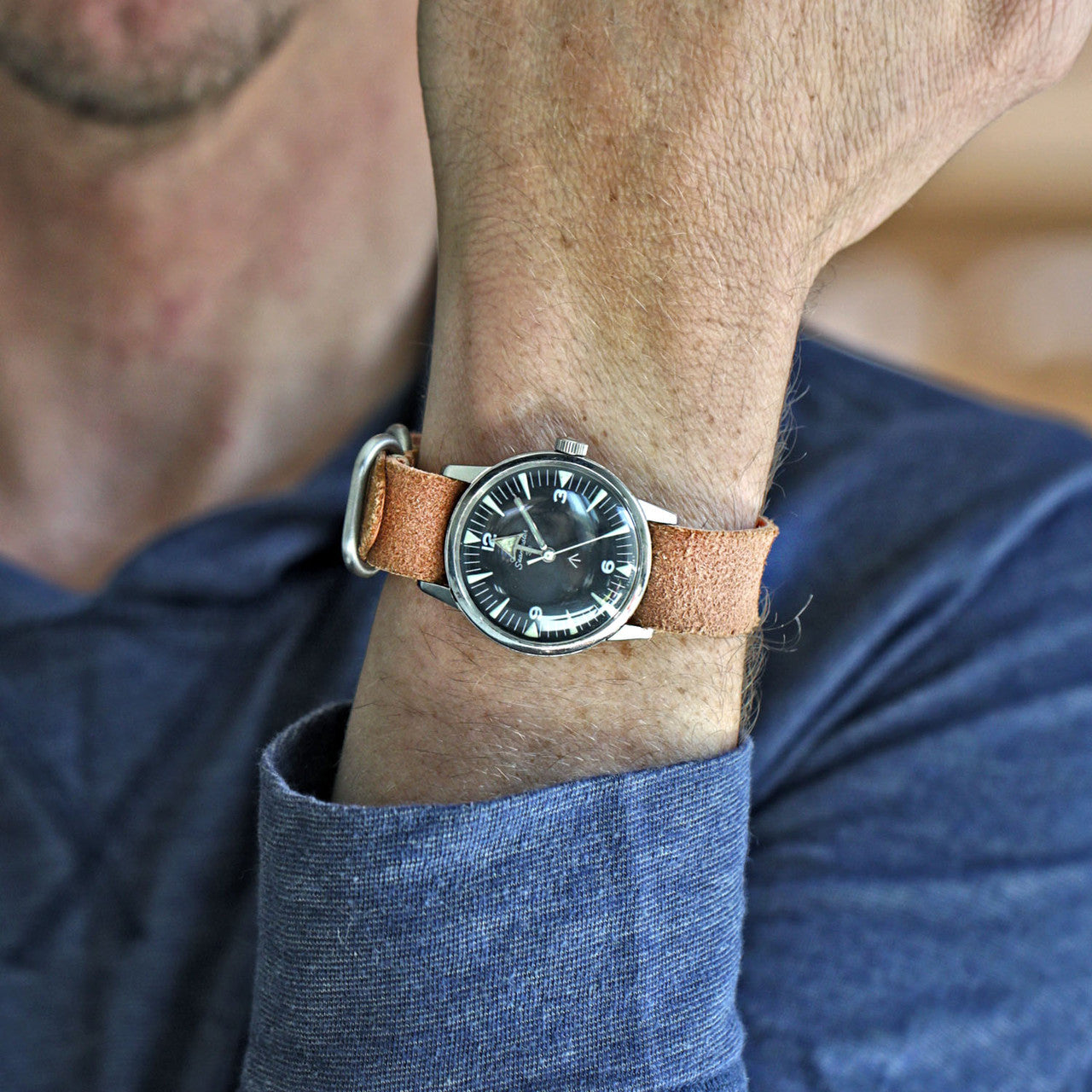 Military Single Piece Watch Strap Made From Horween Natural Essex Suede With A Matte Silver Buckle By DaLuca Straps.