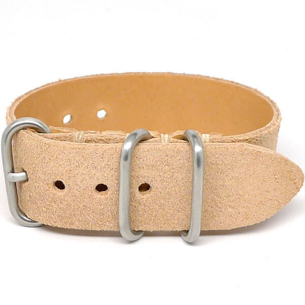 Military Single Piece Watch Strap Made From Horween Natural Essex Suede With A Matte Silver Buckle By DaLuca Straps.