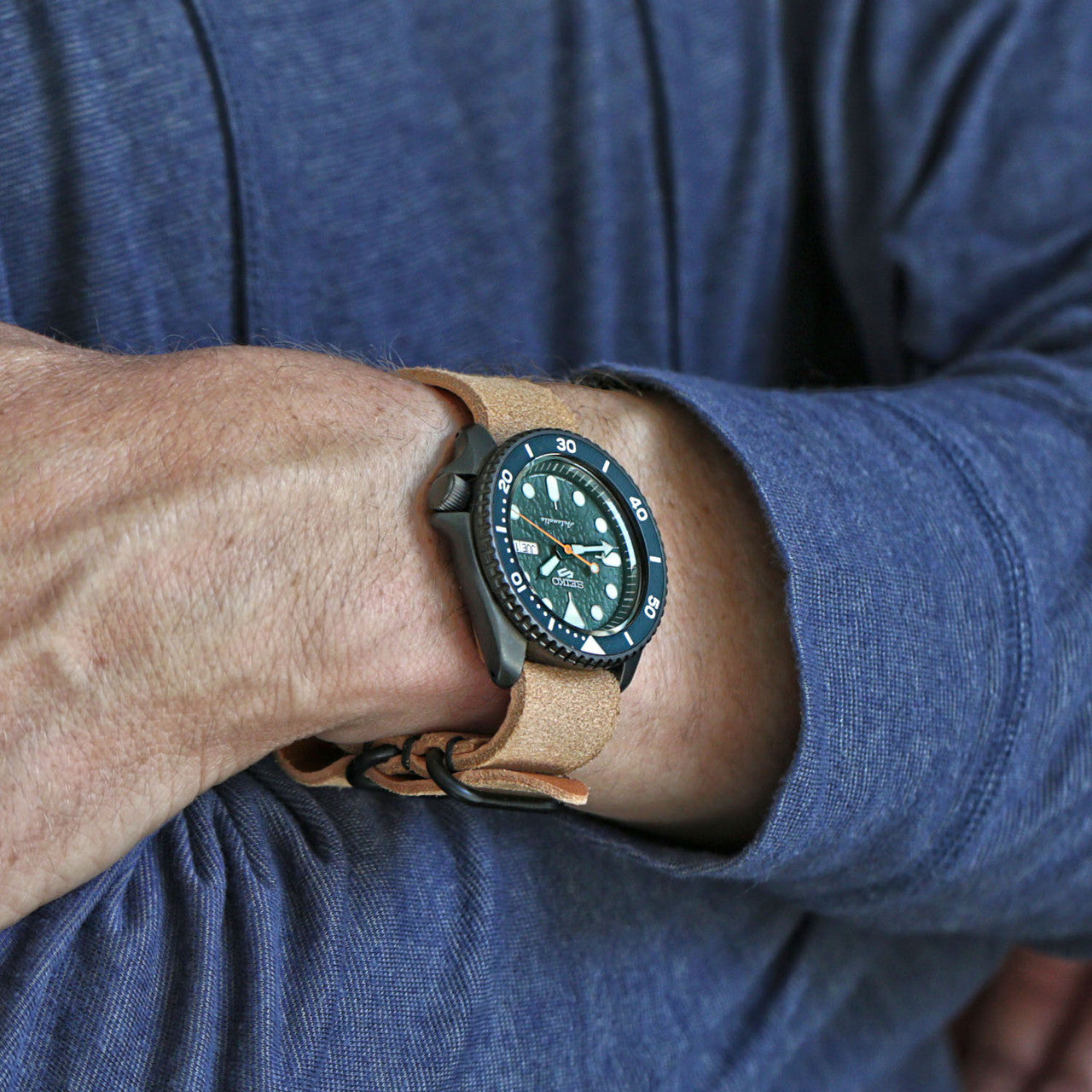 Military Single Piece Watch Strap Made From Horween Natural Essex Suede With A PVD Buckle By DaLuca Straps.