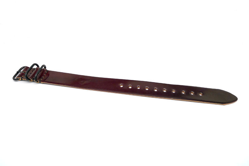Long View Of A Military Single Piece Watch Strap Made From Horween Shell Cordovan Color 8 Leather and PVD Buckle By DaLuca Straps.