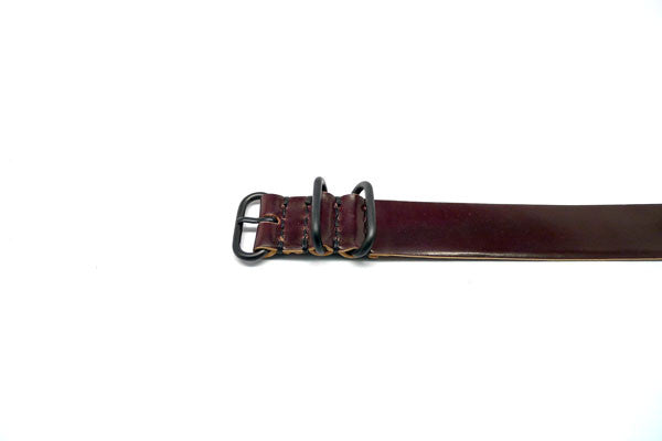 Side Perspective Of A Military Single Piece Watch Strap Made From Horween Shell Cordovan Color 8 Leather and PVD Buckle By DaLuca Straps.
