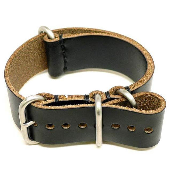 Single Piece Leather Military Watch Strap Made From Black Chromexcel With Matte Silver Hardware By DaLuca Straps.