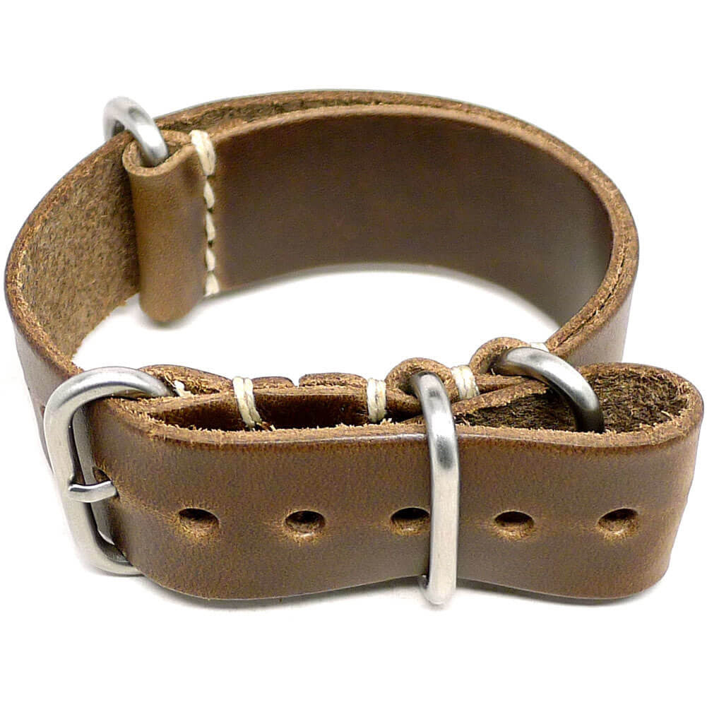 Single Piece Leather Military Watch Strap Made From Natural Chromexcel With Matte Silver Hardware By DaLuca Straps.