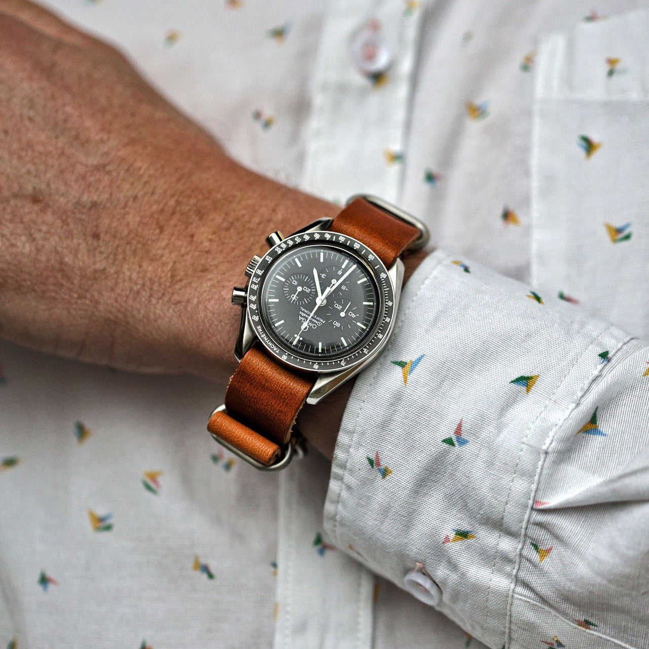 Single Piece Leather Military Watch Strap Made From Natural Dublin With Matte Silver Hardware By DaLuca Straps.