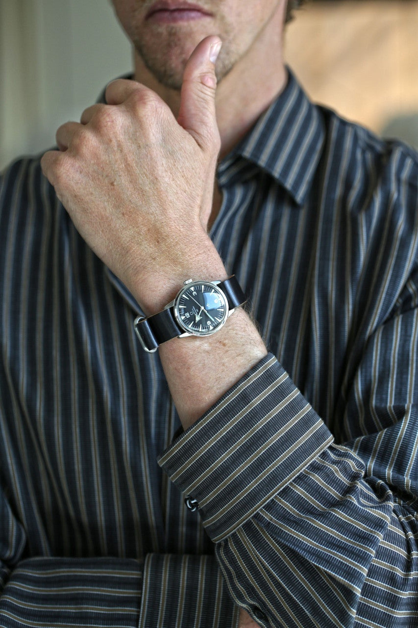 Horween Shell Cordovan Leather Watch Strap In Black Matte Silver Buckle By DaLuca Straps.