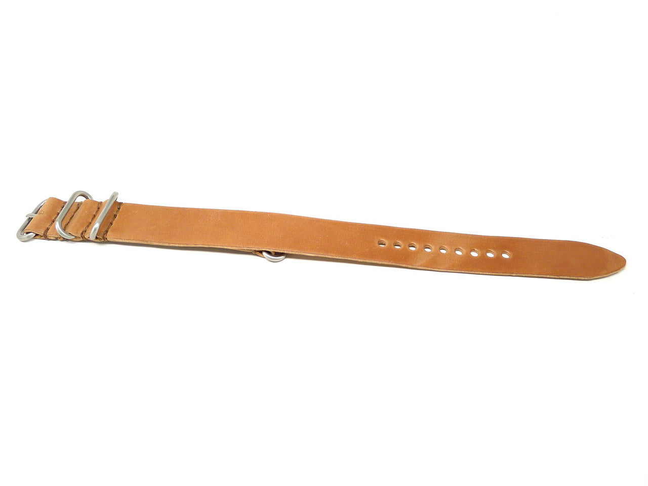 Long View Of A Horween Shell Cordovan Leather Watch Strap In Natural Matte Silver Buckle By DaLuca Straps.
