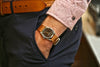 Natural Horween Shell Cordovan Leather Watch Strap On A Seiko Wearing A Pink Shirt With A Pink Pocket By DaLuca Straps.