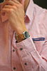 Natural Horween Shell Cordovan Leather Watch Strap On A Seiko Wearing A Pink Shirt By DaLuca Straps.