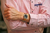 Natural Horween Shell Cordovan Leather Watch Strap On A Seiko Wearing A Pink Shirt With Hands Crossed By DaLuca Straps.