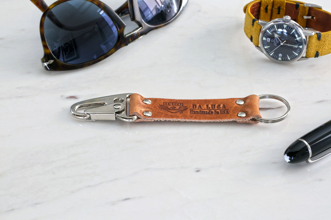 Keychain Made From Genuine Horween Natural Dublin Leather and Black Polished Hardware by DaLuca Straps.