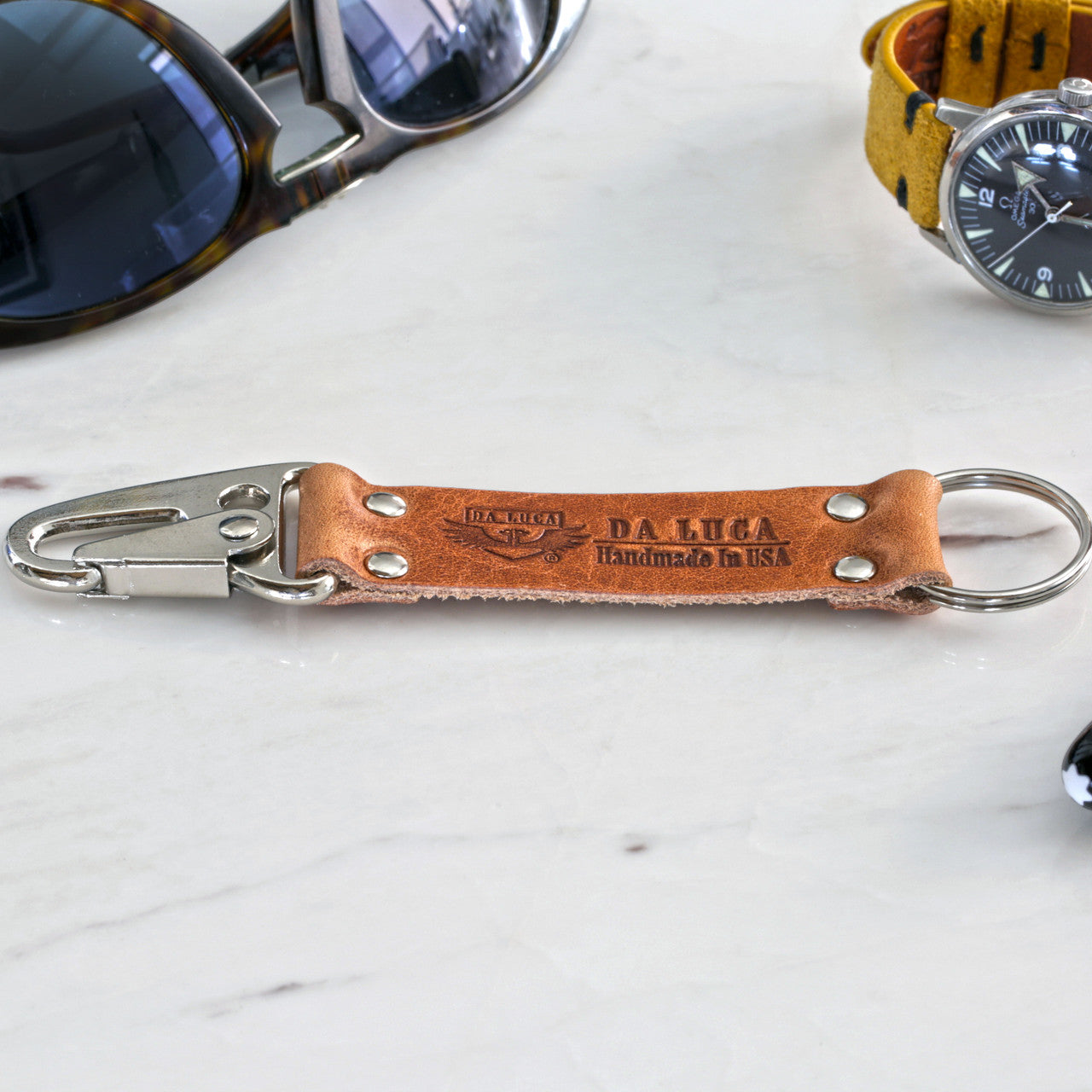Close View Of Our Keychain Made From Genuine Horween Natural Dublin Leather and Polished Hardware by DaLuca Straps.