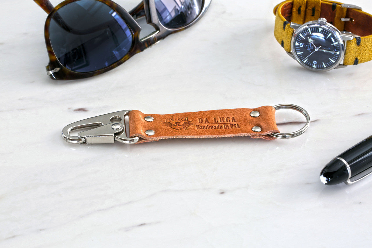 Keychain Made From Genuine Horween Natural Essex Leather and Black Polished Hardware by DaLuca Straps.