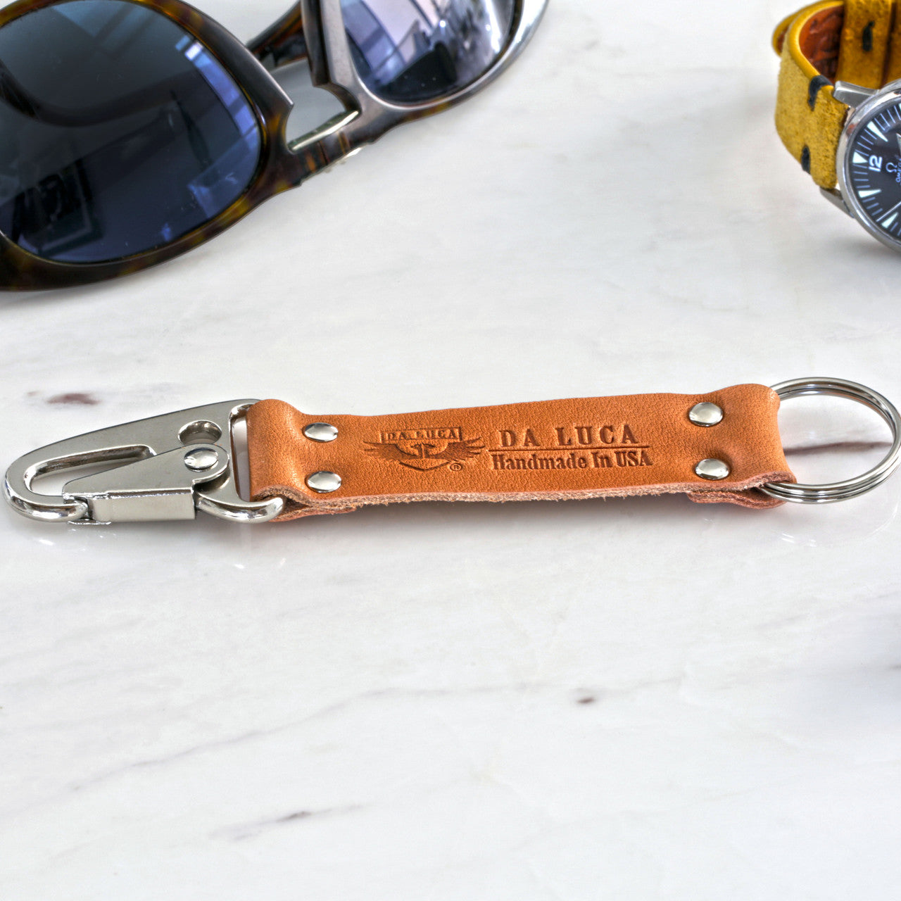 Close View Of Our Keychain Made From Genuine Horween Natural Essex Leather and Polished Hardware by DaLuca Straps.