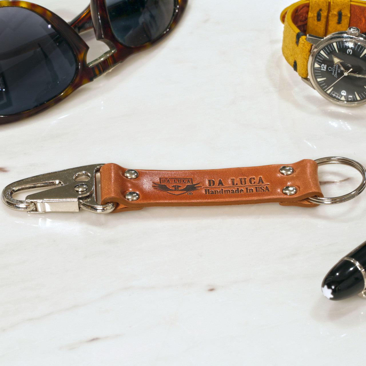 Close View Of Our Keychain Made From Genuine Horween Natural Shell Cordovan Leather and Polished Hardware by DaLuca Straps.