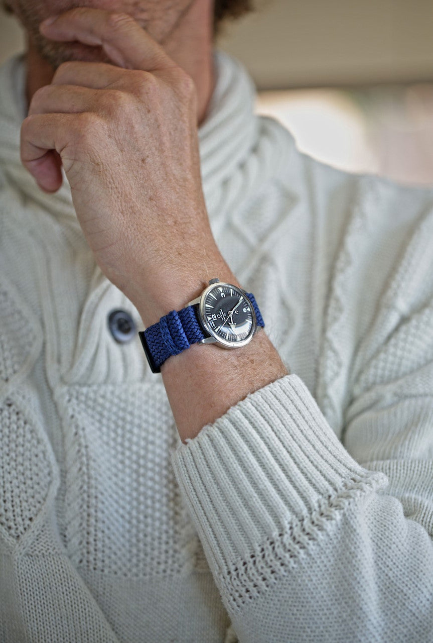 Stunning Navy Perlon Nylon Strap With A PVD Buckle By DaLuca Straps.