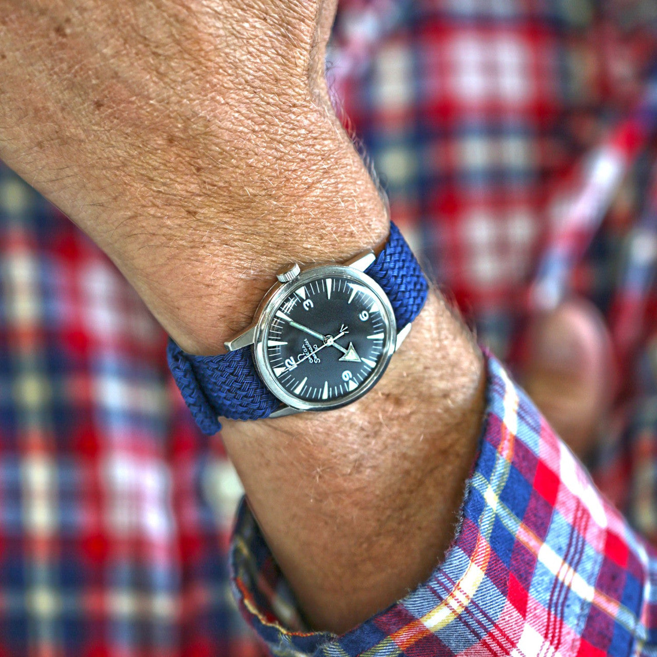 Braided Nylon Perlon Watch Strap Navy Polished Buckle Main By DaLuca Straps.
