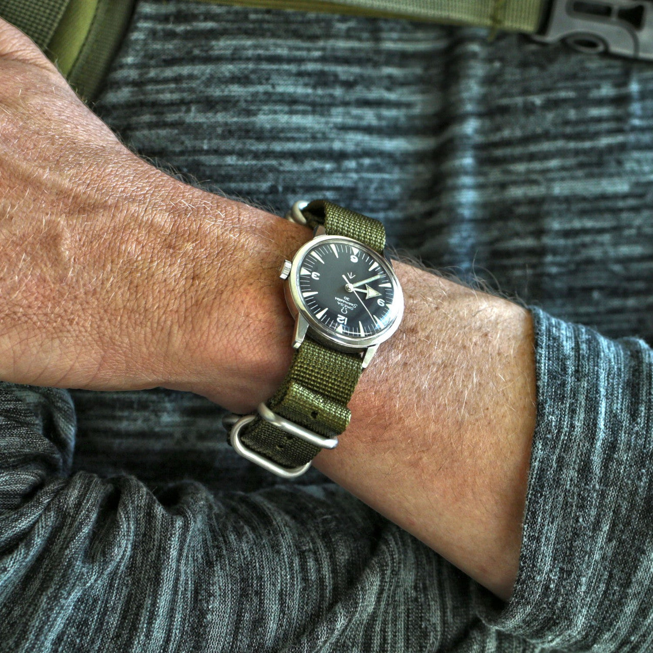 Olive Ballistic Nylon Military Watch Strap With A Matte Silver Buckle By DaLuca Straps.
