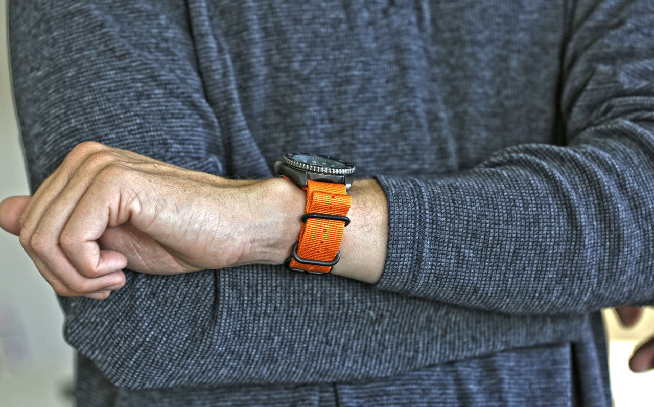 Orange Ballistic Nylon Military Watch Strap With A PVD Buckle By DaLuca Straps.