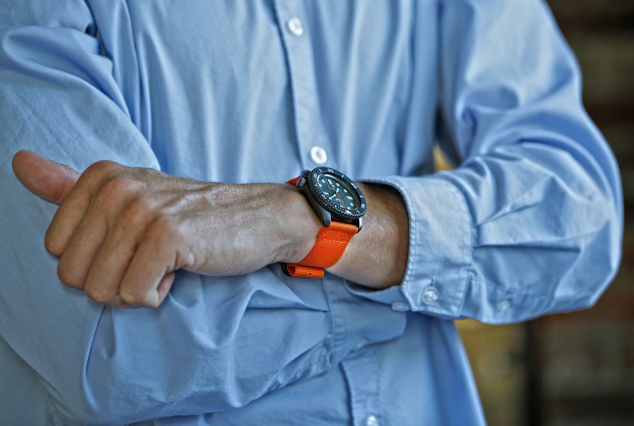 Two Piece Ballistic Nylon Watch Strap Orange PVD By DaLuca Straps.