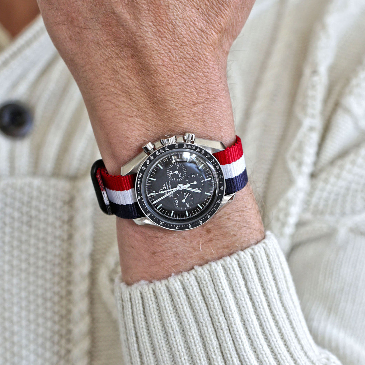 Our Single Piece Red White Blue Ballistic Nylon Military Strap PVD Main By DaLuca Straps.