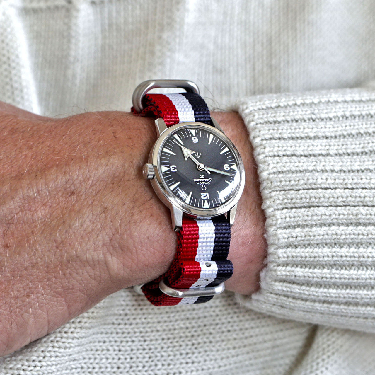 Red White And Blue Ballistic Nylon Military Watch Strap With A Matte Silver Buckle By DaLuca Straps.