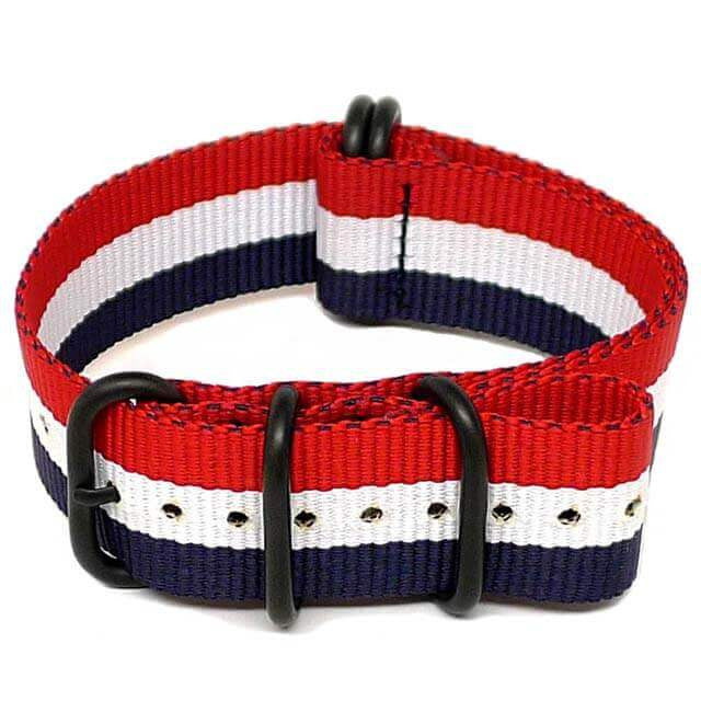 Red White And Blue Ballistic Nylon Military Watch Strap With A PVD Buckle By DaLuca Straps.