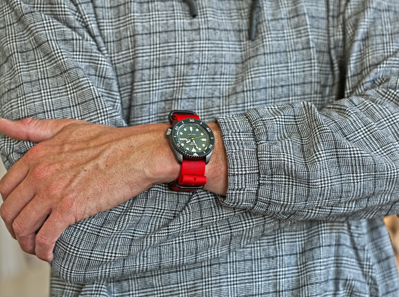 Red Ballistic Nylon Military Watch Strap With A PVD Buckle By DaLuca Straps.