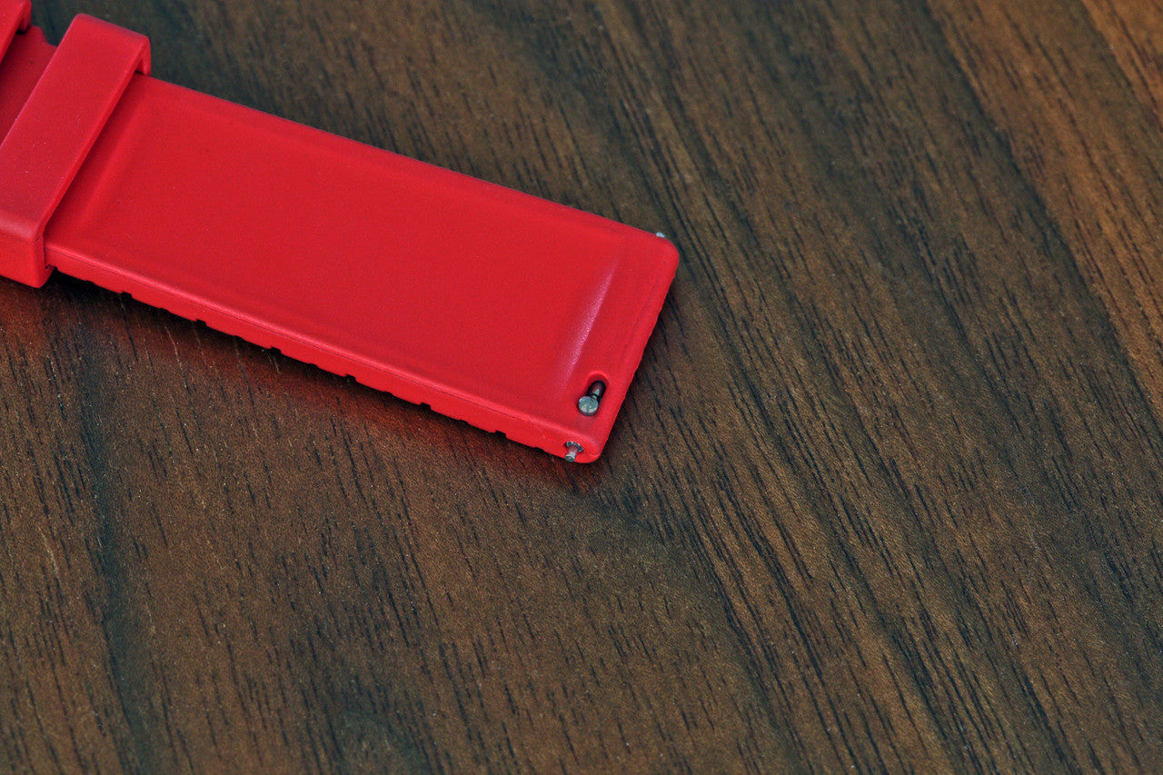 Quick Release System Of A Racer Rubber FKM Watch Strap In Red by DaLuca Straps.