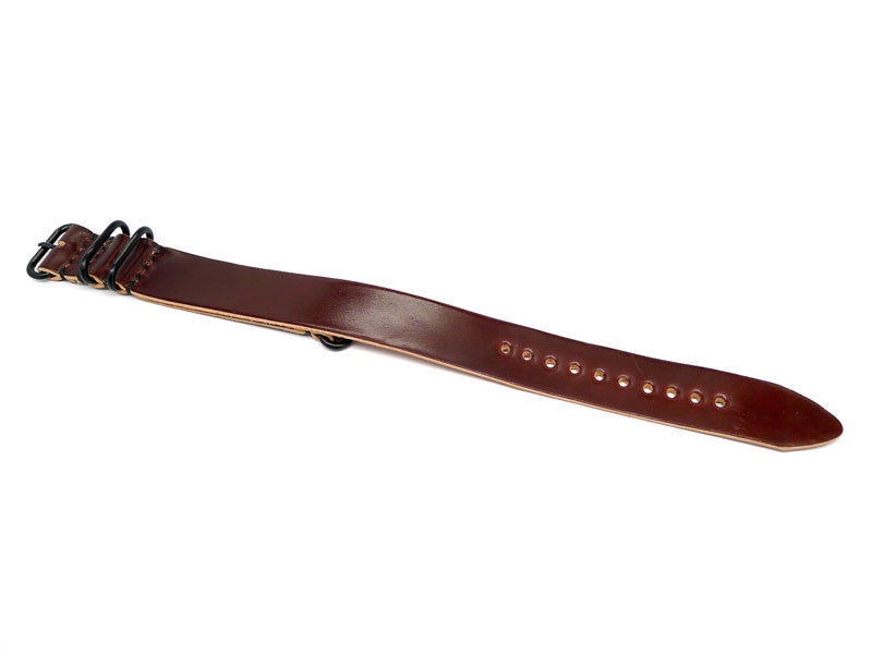 A Long Colored Horween Shell Cordovan Leather Watch Strap In Color 8 With PVD A Buckle By DaLuca Straps.
