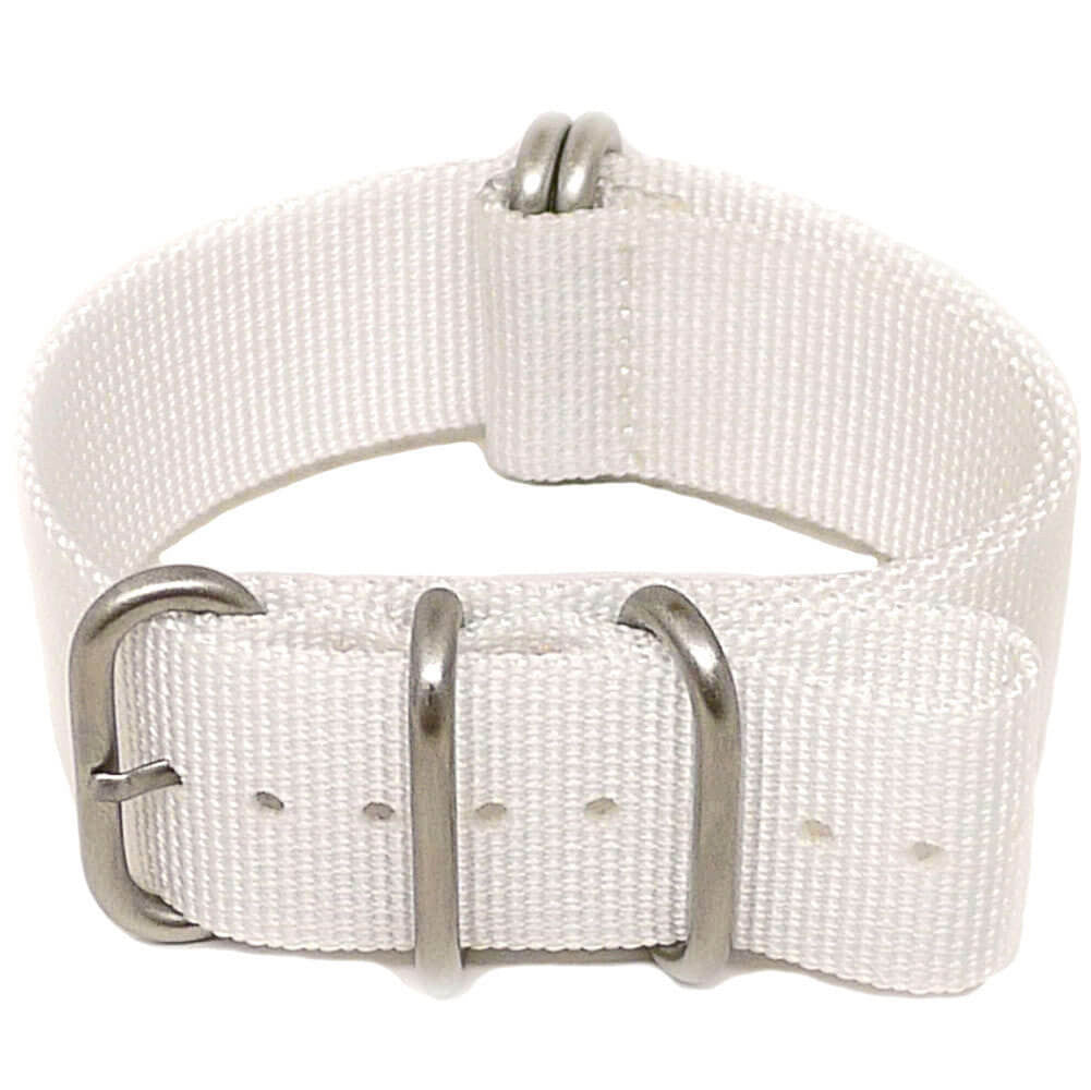 White Ballistic Nylon Military Watch Strap With A Matte Silver Buckle By DaLuca Straps.