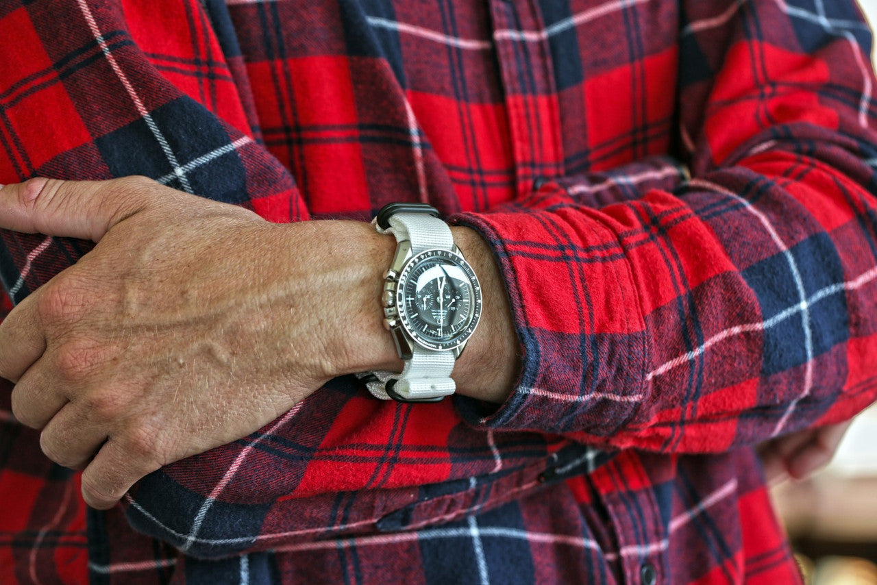 White Ballistic Nylon Military Watch Strap With A PVD Buckle By DaLuca Straps.