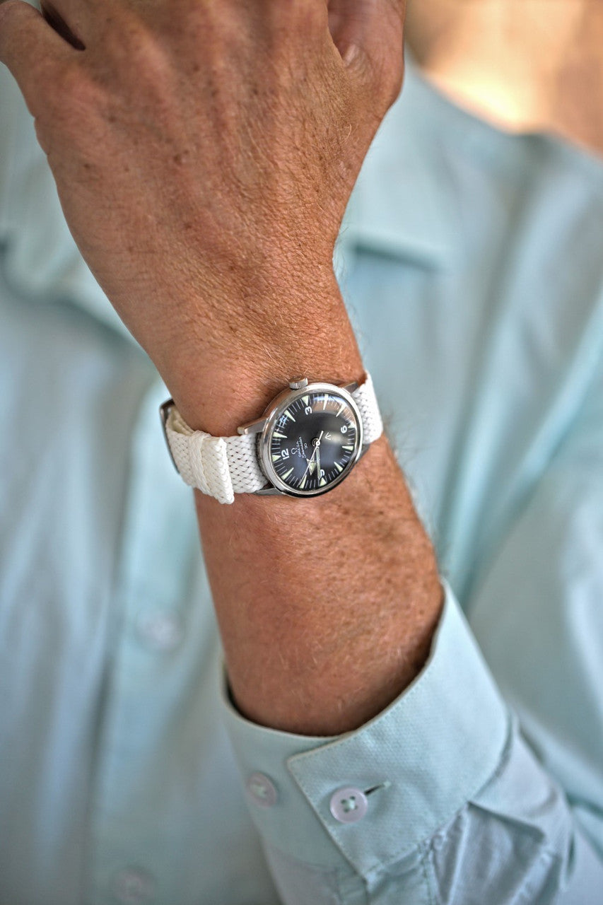 A Gorgeous Braided Nylon Perlon Watch Strap White Polished Buckle Main By DaLuca Straps.