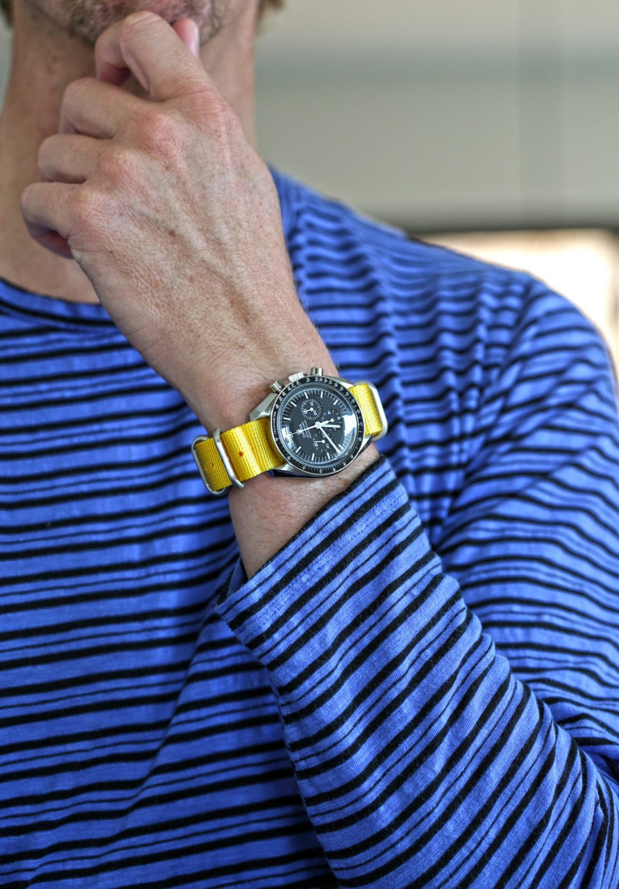 Yellow Ballistic Nylon Military Watch Strap With A Matte Silver Buckle By DaLuca Straps.