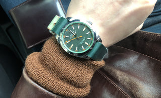 rolex milgauss on a green daluca shell cordovan watch band