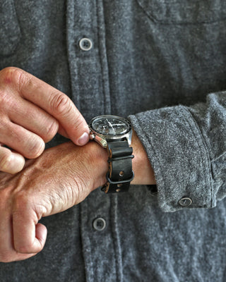 black chromexcel watch strap on an omega speedmaster pro watch