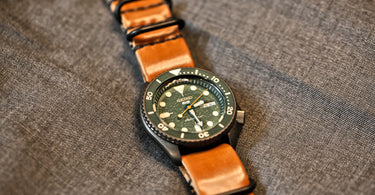 seiko 5 watch on a natural horween shell cordovan watch strap