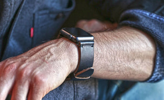 handmade leather apple watch strap on wrist