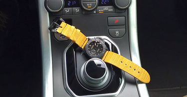 handmade yellow lizard watch strap on a panerai