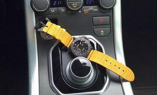 handmade yellow lizard watch strap on a panerai