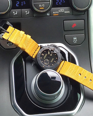 handmade yellow lizard watch strap on a panerai