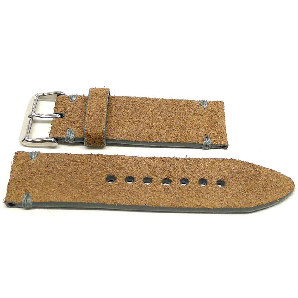 Acquiescence watch strap in tan with a textured surface and gray accent stitches, two pieces laid flat.